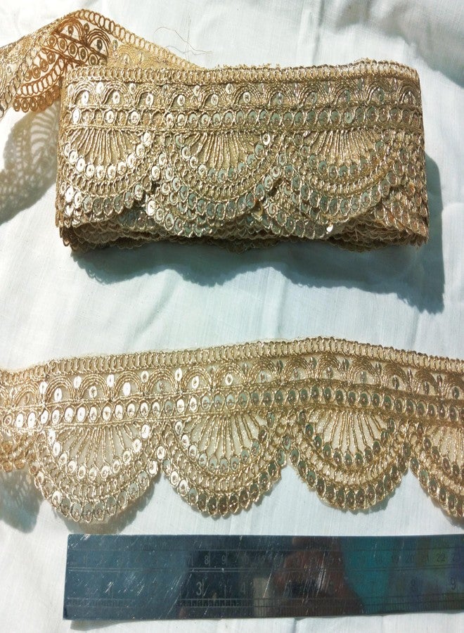 Lacesnmore Golden lace Organza zari Scallop Work Embroidery Lace and Borders Material for Dresses, Sarees lace, Lehenga, Suits, Blouses, Dupatta, chunri and Crafts (9 Meter- Light Gold) - Image 5